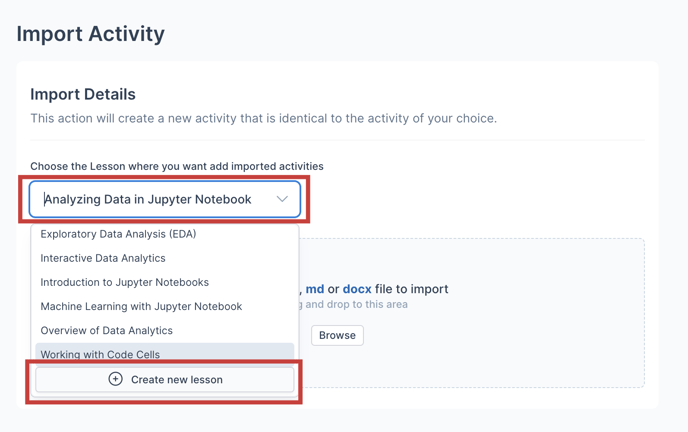 Create lesson from import activity
