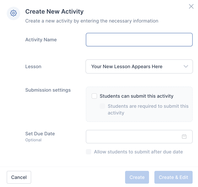 "Create New Activity" modal
