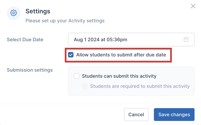 Enable the checkbox “Allow students to submit after the due date”